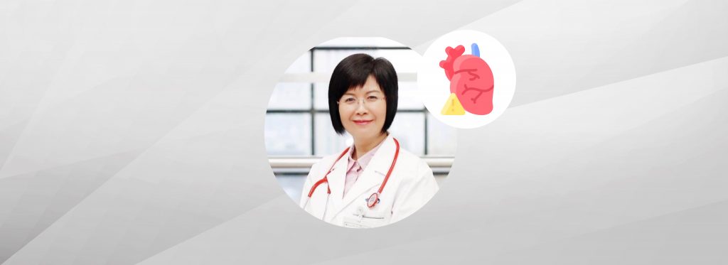 Headshot of Prof Jiang Hongli and an illustration of a human heart on top of a grey backdrop.