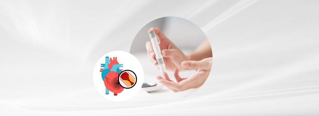 Illustration of a blood clot in the coronary artery in front of a finger getting pricked by a lancet.