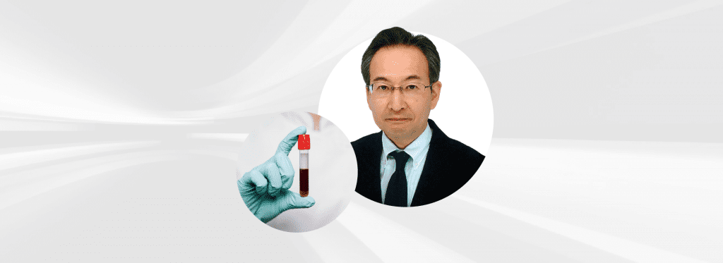 Headshot of Dr Yasunori Takata and closeup of a gloved hand holding a blood sample against a grey backdrop.