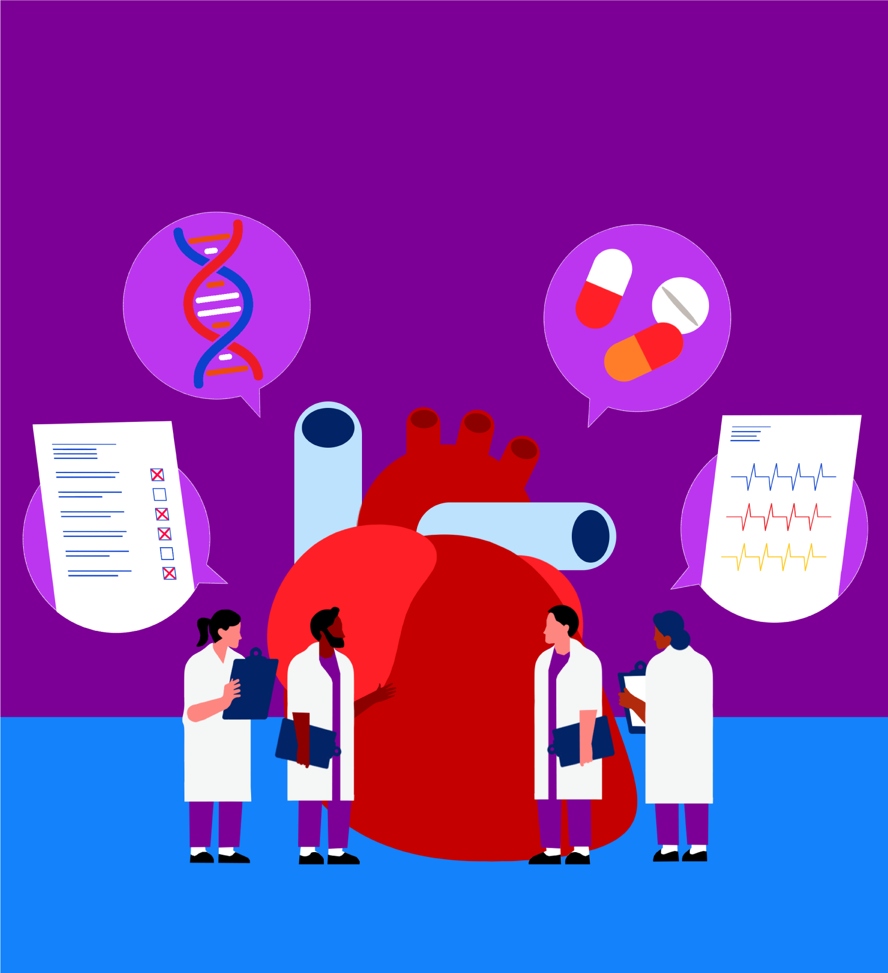 Four doctors wearing white coats standing around a large model of a human heart. Speech bubbles from the doctors include illustrations of a checklist, DNA, pills and an ECG. 