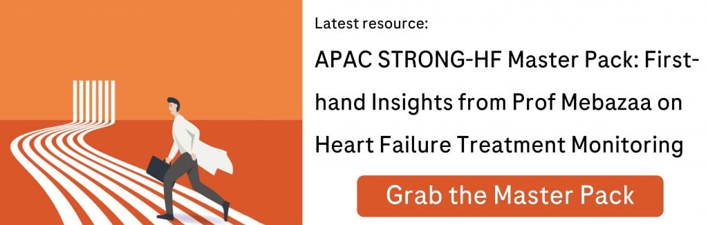 Illustration of a doctor in a white coat, holding a briefcase and running down a white striped road. Text on the right side reads: 'Latest Resource: APAC STRONG-HF Master Pack: First-hand Insights From Prof Mebazaa on Heart Failure Treatment Monitoring, Grab the Master Pack'