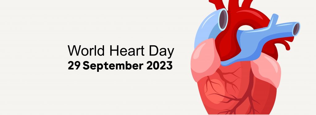 Illustration of a human heart. Text on the left reads "World Heart Day, 29th September 2023."