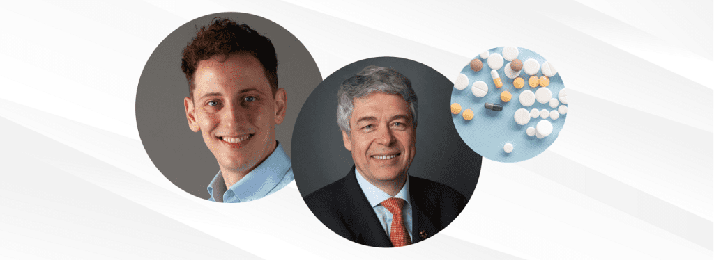 Headshots of Prof Alexandre Mebazaa and Asst Prof Jasper Tromp, next to a variety of pills, against a grey backdrop.